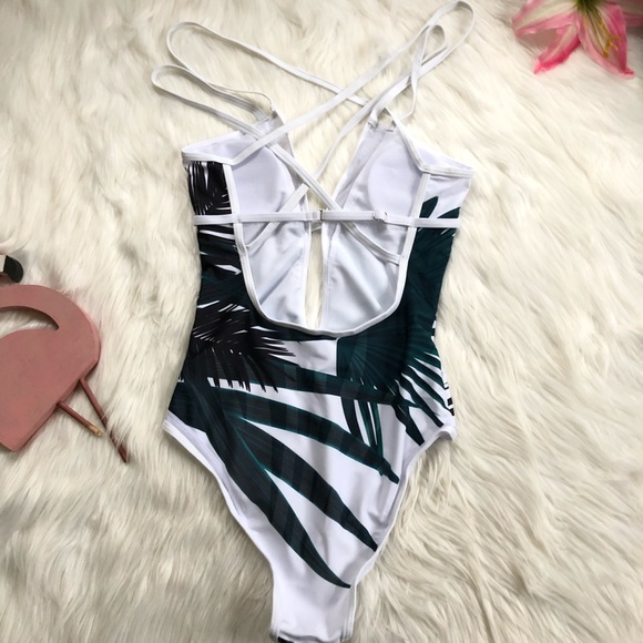 Palm Leaf Plunging V Monokini Swimsuit NEW - Picture 4 of 8